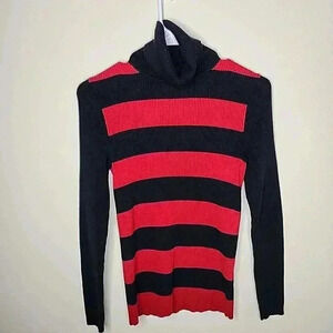 Lauren Ralph Lauren Red & Black Stripe‎ Ribbed Turtleneck Logo Sweater MEDIUM